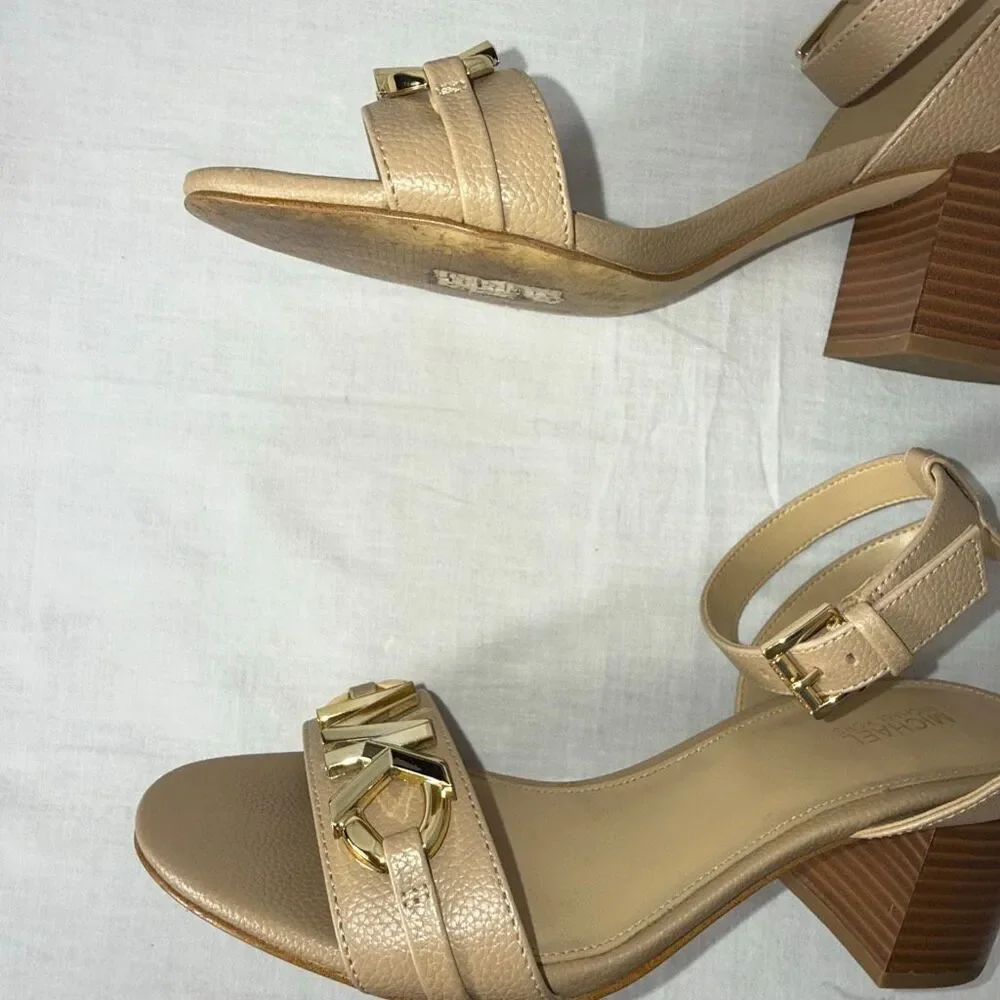 Michael Kors Women’s Nude Pebbled Leather Block Heel Sandals Gold MK Accent 3” H